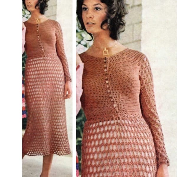 Vintage Crochet Dress Pattern Button Bodice Midi Dress Knee Length Openwork Mesh Skirt PDF Instant Digital Download