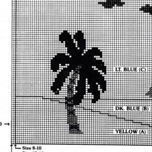 May include: A black palm tree silhouette on a yellow, dark blue, and light blue background. The background is divided into three sections, with the yellow section at the bottom, the dark blue section in the middle, and the light blue section at the top. The text "Size 8-10", "LT. BLUE (C)", "DK. BLUE (B)", and "YELLOW (A)" is visible on the right side of the image.