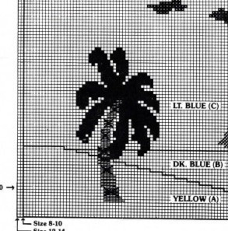 May include: A black palm tree silhouette on a yellow, dark blue, and light blue background. The background is divided into three sections, with the yellow section at the bottom, the dark blue section in the middle, and the light blue section at the top. The text "Size 8-10", "LT. BLUE (C)", "DK. BLUE (B)", and "YELLOW (A)" is visible on the right side of the image.
