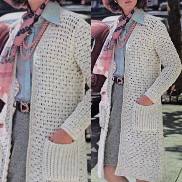 Vintage Crochet Pattern Woven Cardigan Sweater Coat Long Duster Open Front Jacket with Pockets PDF Instant Digital Download