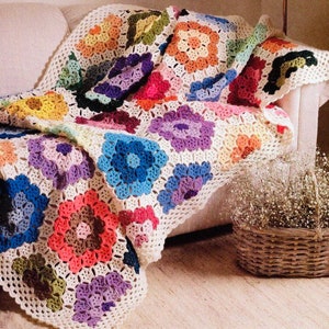 Vintage Crochet Pattern Lacy Granny Motif Grandmother's Flower Garden Afghan Hexagon Blanket  PDF Instant Digital Download
