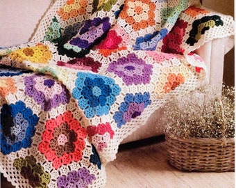 Vintage Crochet Pattern Lacy Granny Motif Grandmother's Flower Garden Afghan Hexagon Blanket  PDF Instant Digital Download