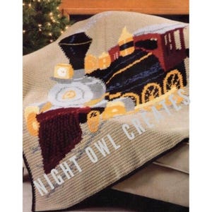 Vintage Afghan Stitch Crochet Pattern Christmas Train Locomotive Throw Cross Stitched Embroidered Blanket PDF Instant Digital Download