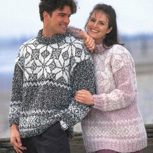 Vintage Sweater Knitting Pattern Matching Pullover Snowflake Fair Isle PDF Instant Digital Download Icelandic Lopapeysa Lopi Wool