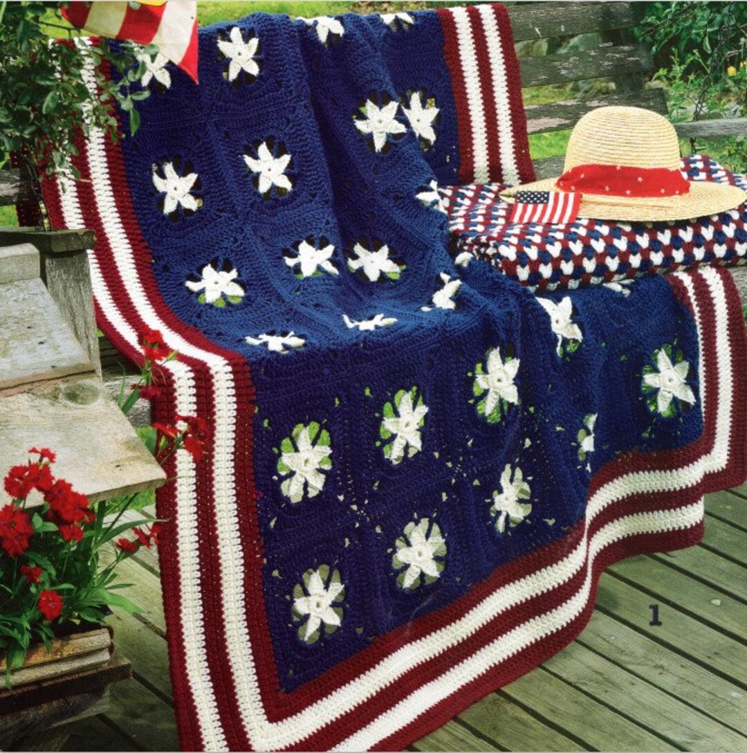 Vintage Afghan Crochet Pattern Old Glory Throw Blanket Red White Blue