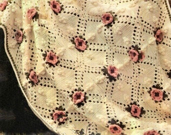 Vintage Rose Crochet Blanket Pattern Victorian Dogwood Roses Motif Afghan, PDF Instant Digital Download Worsted Weight 10 ply