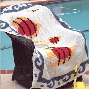 Vintage Crochet Pattern Fish Afghan Swimming Beach Aquarium Blanket Throw PDF Instant Digital Download Angle Fish Yellow Tang Beach Decor