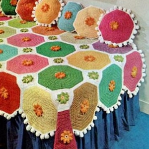 Vintage Afghan Crochet Pattern Big Colorful Throw Hexagon Motif Blanket and Pillows PDF Instant Digital Download