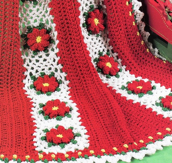 Vintage Crochet Christmas Blanket Pattern Poinsettia Blooms Quick