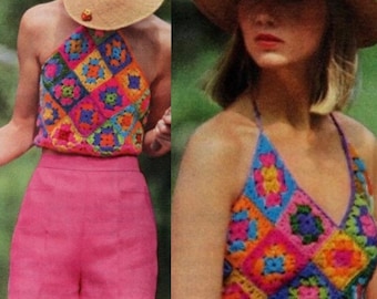 Vintage Crochet Pattern Classic Granny Square Crop Midriff Halter Top PDF Instant Digital Download 2 Different Styles Sleeveless Boho Hippie