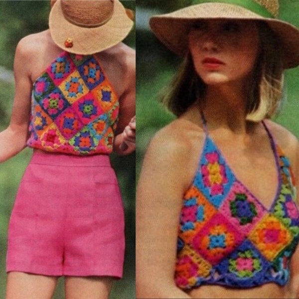 Vintage Crochet Pattern Classic Granny Square Crop Midriff Halter Top PDF Instant Digital Download 2 Different Styles Sleeveless Boho Hippie