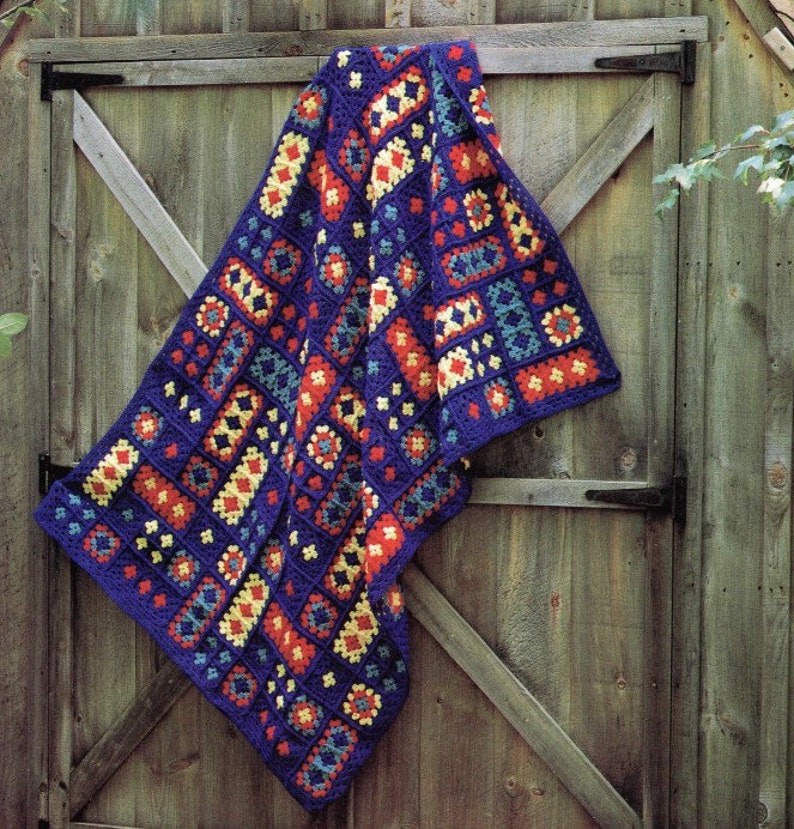 Vintage Afghan Crochet Pattern Crazy Quilt Coverlet Throw Blanket PDF Instant Digital Download Granny Square Motif image 1