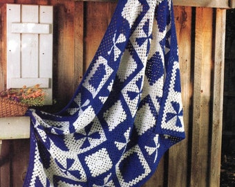 Vintage Crochet Patwork Pattern Dutch Tiles Windmill Afghan Blanket Throw INSTANT Digital DOWNLOAD Blue White