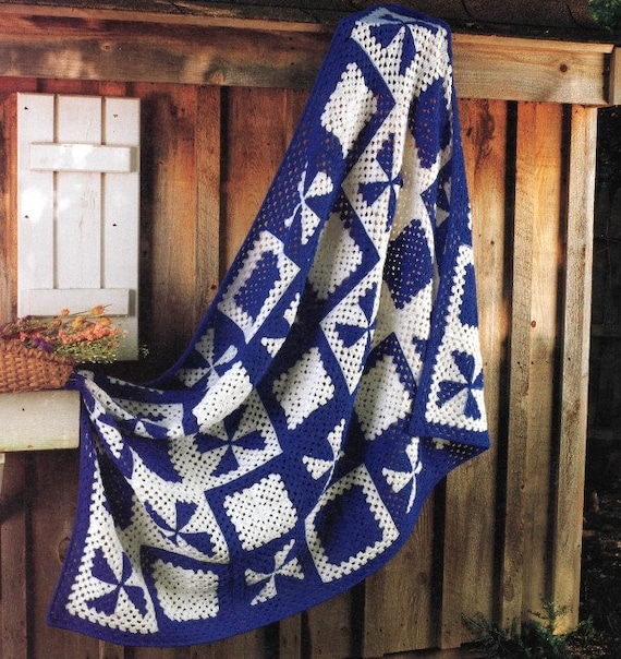 Vintage Crochet Patwork Pattern Dutch Tiles Windmill Afghan