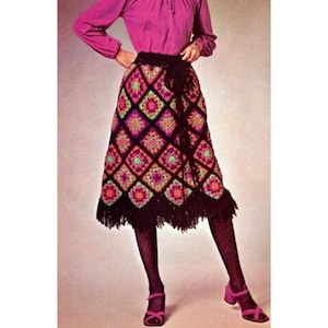 Vintage Crochet Pattern 1970s Granny Square Midi Fringe Skirt Knee Length PDF Pattern INSTANT Digital DOWNLOAD 70s Boho Fashion
