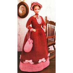 Vintage Crochet Pattern Barbie 11.5" Fashion Doll Vintage Long Dress Bonnet and Purse Outfit PDF Instant Digital Download