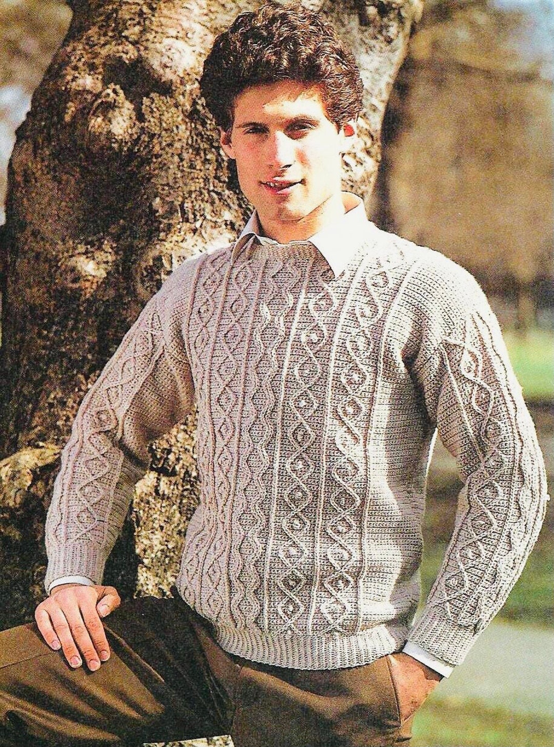 Vintage 80's Crochet Pattern Mens Aran Pullover Casual - Etsy