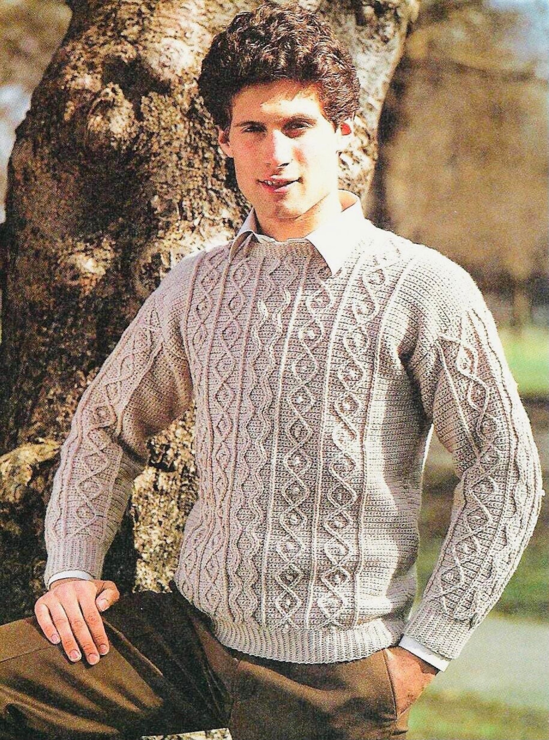 Vintage 80's Crochet Pattern Mens Aran Pullover Casual Sweater PDF