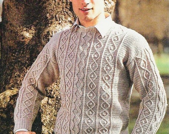 Vintage 80's Crochet Pattern Mens Aran Pullover Casual Sweater PDF Instant Digital Download Printable