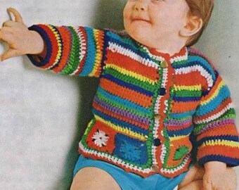 Vintage Baby Crochet Pattern Unisex Granny Square Motif Cardigan Sweater Jacket PDF Instant Digital Download  6 12 months Button Front