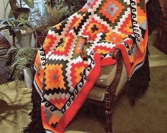 Vintage Crochet Pattern Geometric Indian Afghan Aztec Blanket Southwestern Throw PDF Instant Digital Download