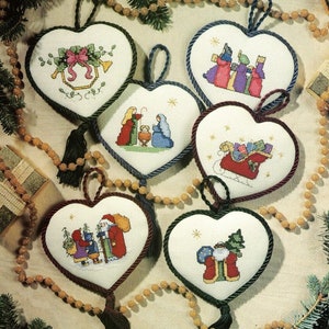 Vintage Cross Stitch Christmas Pattern Heart Ornaments PDF Pattern INSTANT Digital DOWNLOAD Set of 6 Nativity Wise Men Santa Horn Sleigh