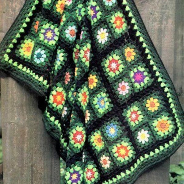 Vintage Crochet Afghan Pattern Granny's Garden Forest Green Granny Square Motif Throw Blanket PDF Instant Digital DOWNLOAD