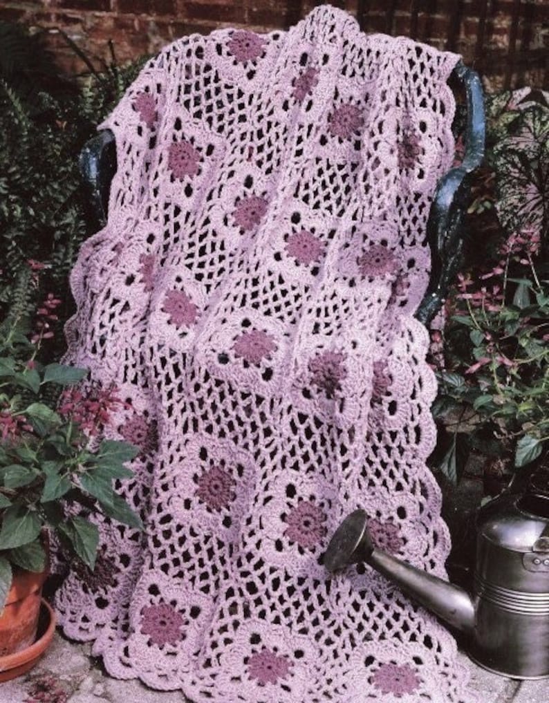 Vintage Crochet Pattern Lilac Bouquet Floral Lace Afghan Blanket Flower Granny Square Throw PDF Instant Digital Download Lapghan Coverlet image 1