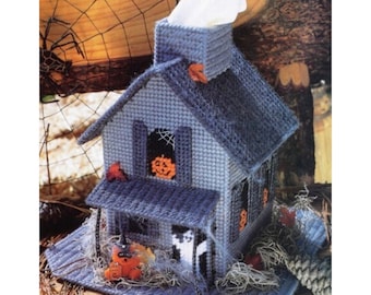 Vintage Plastic Canvas Pattern Halloween Haunted Spooky House Tissue Box Cover Topper PDF Pattern INSTANT Digital DOWNLOAD Ghost Pumpkin