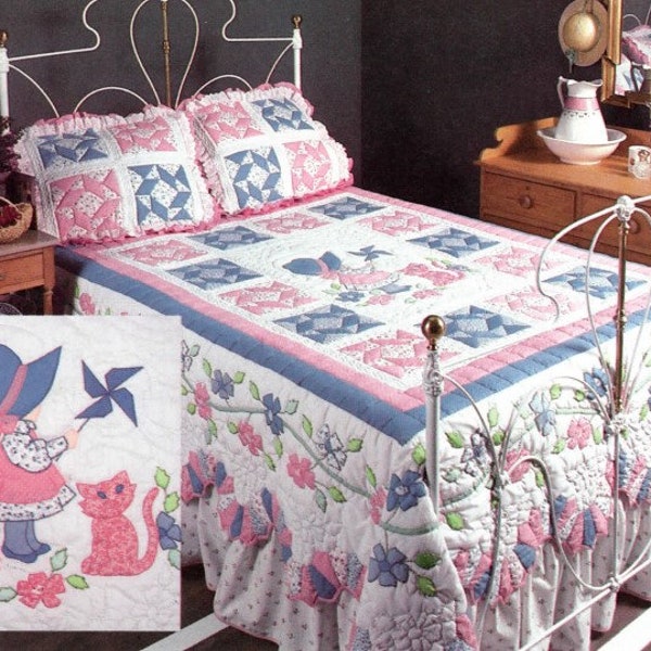 Vintage Sewing Pattern Sunbonnet Sue Quilt and Pillow Shams Bed Set Patchwork Applique Bedspread PDF Instant Digital Download