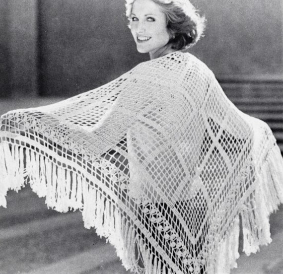 Vintage Crochet Pattern Lacy Triangle Shawl Wrap Fringe Trim PDF