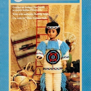 Vintage Crochet Pattern Leaflet Southwestern Indian Chief II Male Boy Doll and Clothes Pattern PDF Instant Digital Download