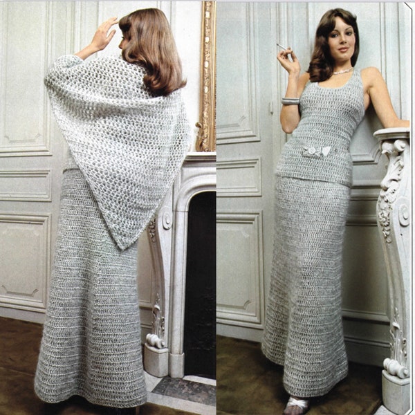 Vintage motif crochet femme longue jupe longue caraco chemisier et châle ensemble assorti au format PDF Téléchargement numérique instantané Shimmer Party