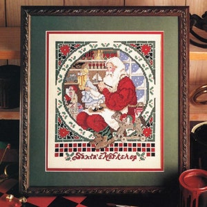 Vintage Christmas Cross Stitch Pattern Santa's Workshop 16X20 Framed Picture Art PDF Pattern INSTANT Digital DOWNLOAD Santa Claus Toys