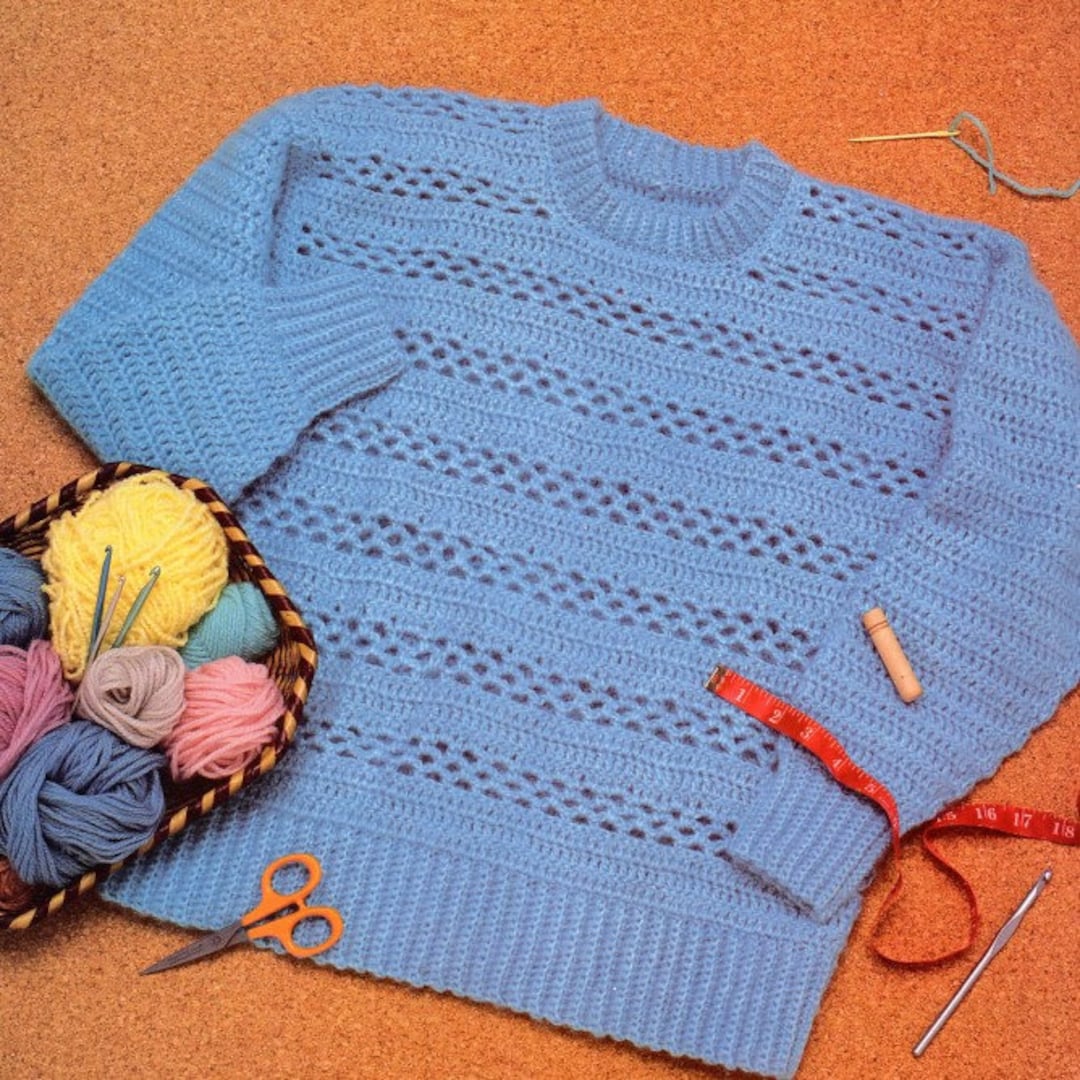 Beginner Vintage Crochet Sweater Pattern Blue Lacy Pullover PDF Instant
