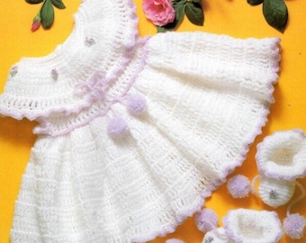 Vintage Crochet Pattern Baby Dress with Pompom Booties Girls Lilac Ruffle Dress 6 to 9 months PDF Instant Digital Download