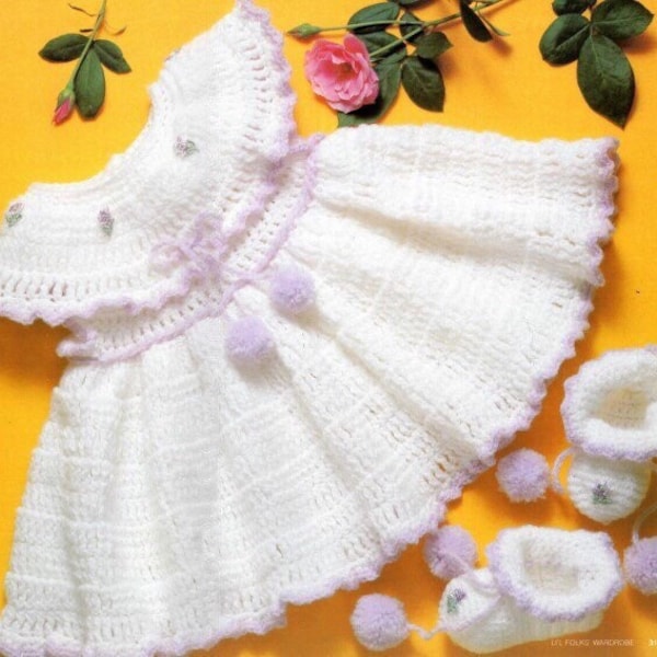 Vintage Crochet Pattern Baby Dress with Pompom Booties Girls Lilac Ruffle Dress 6 to 9 months PDF Instant Digital Download