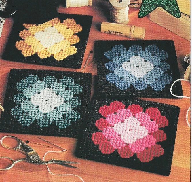 Granny Square Coaster Set Vintage Plastic Canvas Coasters Pattern PDF Instant Digital Printable Download