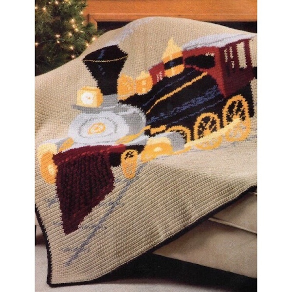 Vintage Afghan Stitch Crochet Pattern Christmas Train Locomotive Throw Cross Stitched Embroidered Blanket PDF Instant Digital Download