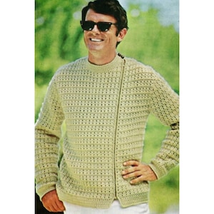 Vintage Men&#39;s Crochet Pattern Moto Continental Jacket Off Set Zipper Cardigan Sweater PDF Instant Digital Download Printable