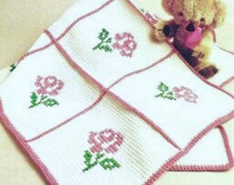 Vintage Crochet Pattern Rose Motif Afghan Blanket Baby Cross Stitch Roses Flowers PDF Instant Digital Download