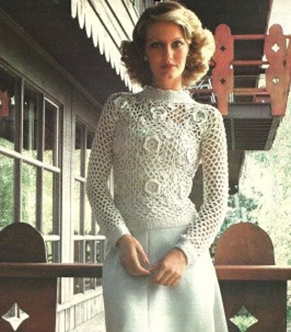 Vintage Crochet Pattern Irish Crochet Blouse Top Sweater PDF Instant Digital Download 3D Flower Rose  Motif
