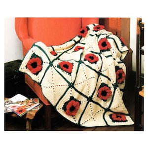 Vintage Crochet Pattern Impressive Poppies Floral Motif Afghan Blanket Poppy Flower Granny Square Block Throw PDF Instant Digital Download