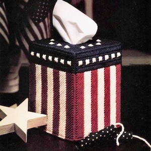 Vintage Plastic Canvas Pattern Stars and Stripes Tissue Box Cover Topper 4th of July Memorial Day PDF Instant Digital Download Patriotic