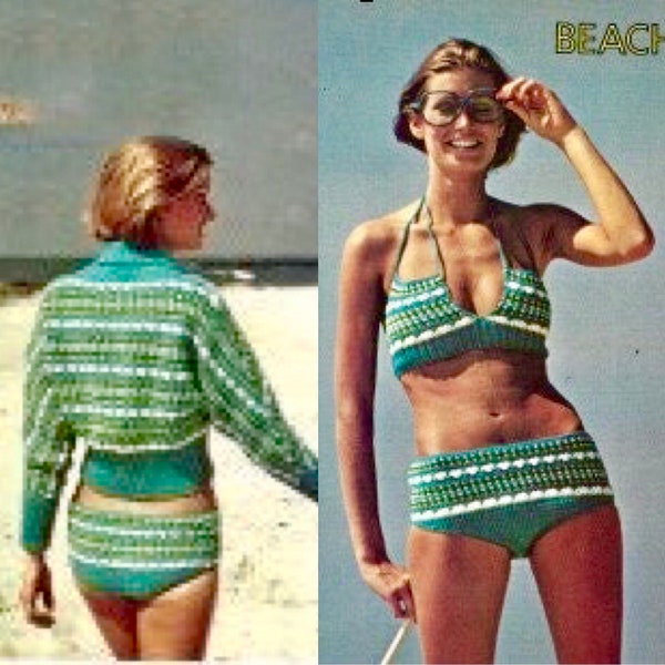 Vintage Crochet Pattern Bikini Swimsuit and Sweater Cover Up PDF Instant Digital Download Beginners Project Quick and Easy