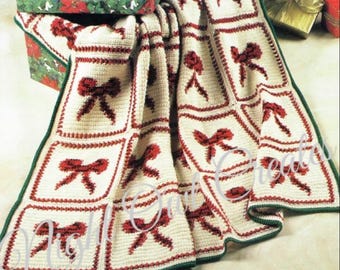 Vintage Crochet Pattern Bow Christmas Blanket Motif Winter Afghan Throw PDF Instant Digital Download Granny Square