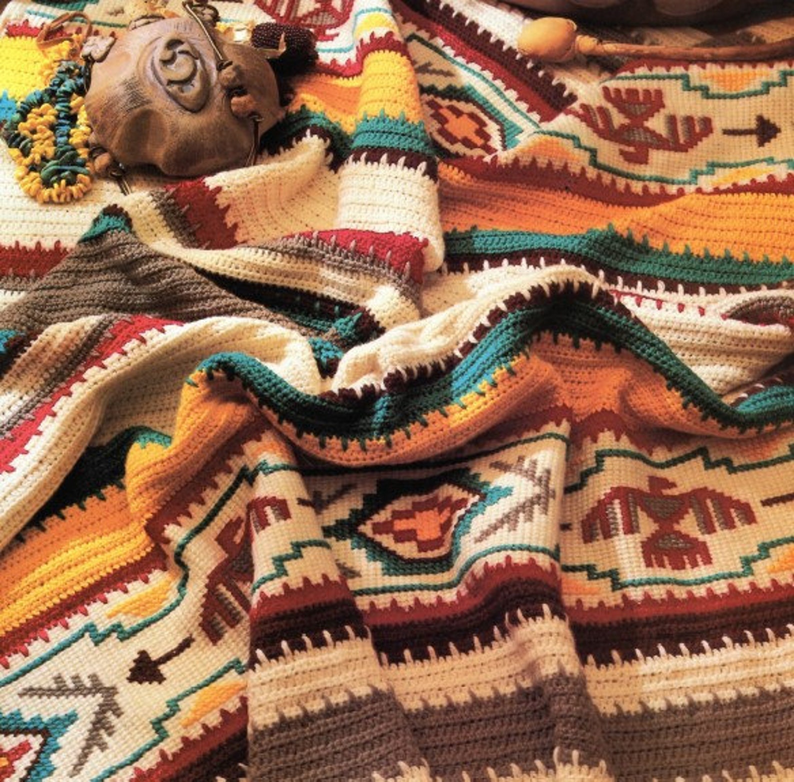 Vintage Crochet Afghan Pattern Indian Blanket Navajo Southwestern Aztec ...