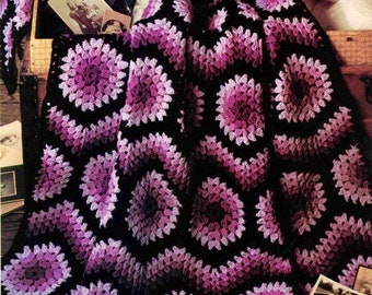 Vintage Afghan Crochet Pattern Granny Square Mums Flowers Blanket Motif Chevron Ripple Throw  PDF Instant Digital Download Purple Black
