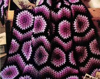 Vintage Afghan Crochet Pattern Granny Square Hexagon Mums Flowers Blanket Motif Ripple Throw  PDF Instant Digital Download Purple Black