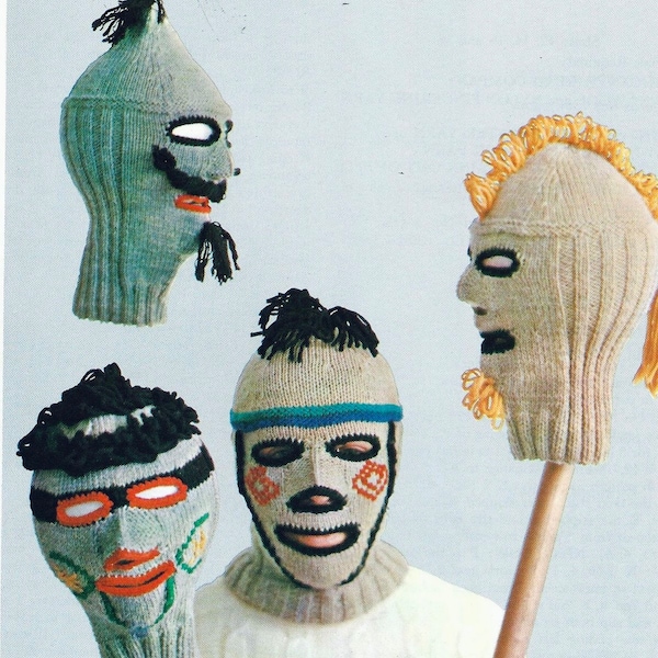 Vintage patrón de punto divertido espeluznante pasamontañas máscara de esquí casco Mohawk barba set 1960s PDF Descarga digital instantánea